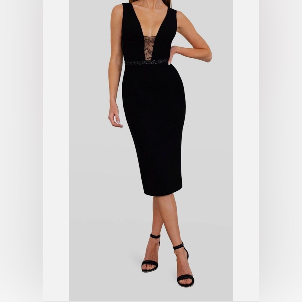 HELSI- Clara Plunge Black Lace Sheath Dress